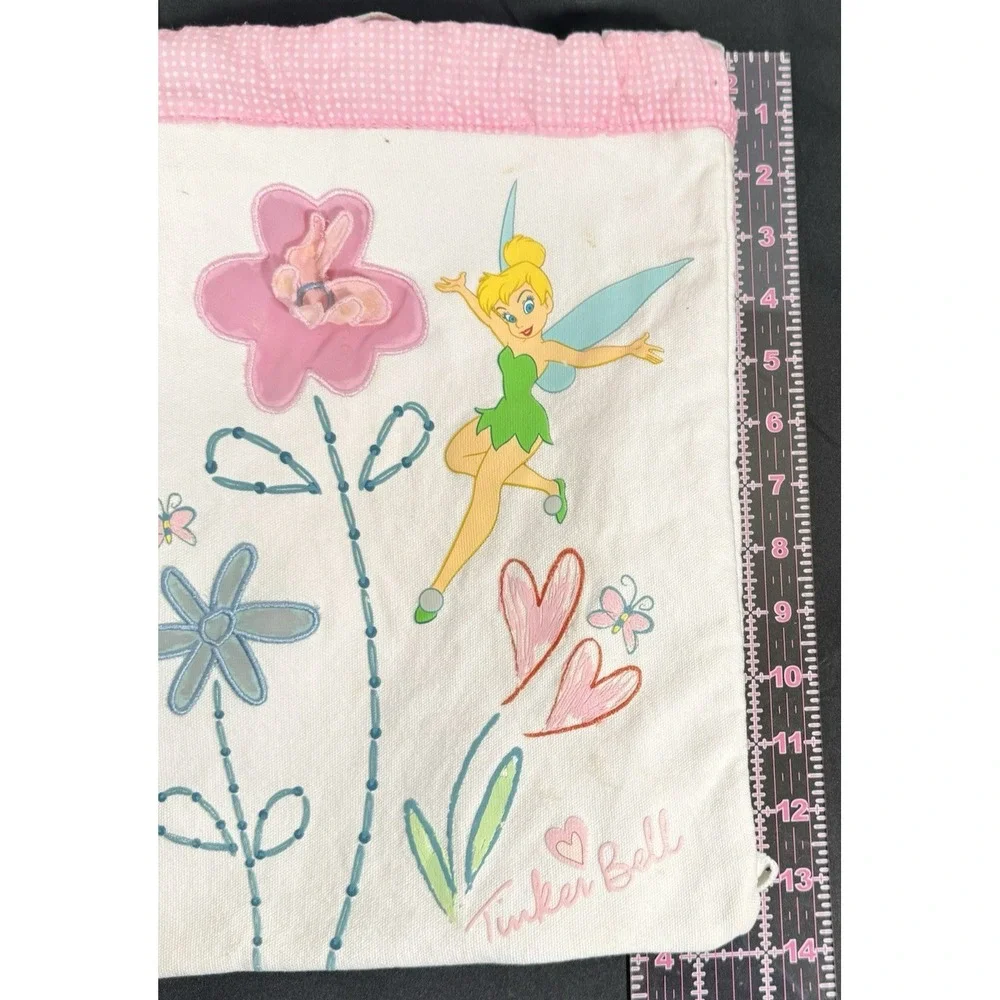 Disney Tinker Bell Drawstring Backpack Kids White Pink Embroidered Canvas
